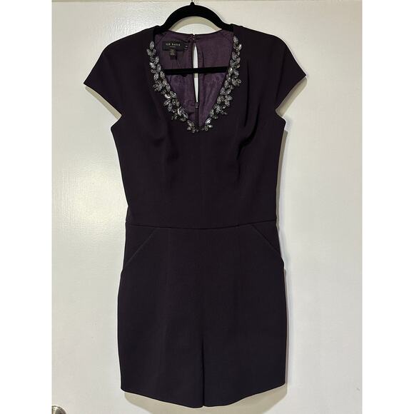 Ted Baker Nuada Cap Sleeve Deep Purple Jeweled Elegant Romper Size 4 US NWOT - Picture 2 of 15
